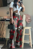 Green Casual Camouflage Print Hollowed Out Patchwork Straight Mid Waist Conventional Full Print Trousers