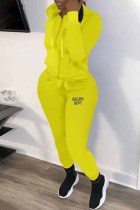 Yellow Casual Print Letter Hooded Collar Long Sleeve Two Pieces