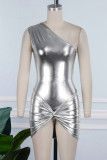 Silver Sexy Casual Solid Backless Oblique Collar Sleeveless Two Pieces