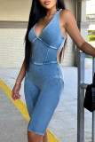 Blue Sexy Solid Hollowed Out Patchwork V Neck Skinny Rompers