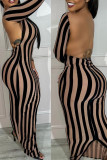 Coffee Sexy Striped Patchwork Backless Slit O Neck One Step Skirt Dresses