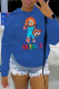 Blue Casual Daily Print Draw String Hooded Collar Tops