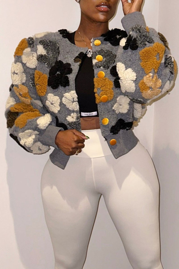 Grey Casual Print Patchwork Buckle Outerwear