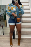 Grey Casual Print Patchwork Buckle Outerwear