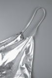 Silver Sexy Solid Backless Slit Spaghetti Strap Long Dress Dresses