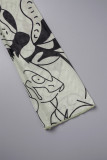 Khaki Casual Print Hollowed Out O Neck Long Sleeve Two Pieces