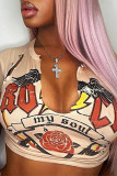 Apricot Sexy Celebrities Letter Ripped Patchwork Letter Printing O Neck T-Shirts