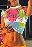 Colour Casual Print Patchwork O Neck T-Shirts