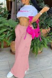 Pink Casual Solid Patchwork Regular High Waist Conventional Solid Color Trousers