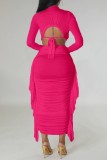 Rose Red Casual Solid Patchwork Fold O Neck Long Sleeve Two Pieces