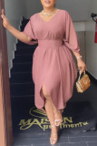 Nude Pink Casual Elegant Vacation Plain Hollowed Out With Belt Asymmetrical V Neck Irregular Dress Dresses