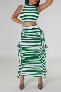 Green Casual Striped Print Patchwork O Neck Sleeveless Two Pieces