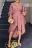 Nude Pink Casual Elegant Vacation Plain Hollowed Out With Belt Asymmetrical V Neck Irregular Dress Dresses