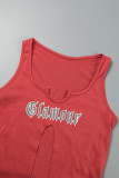 Red Casual Letter Print Asymmetrical U Neck Tops