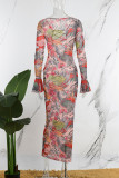 Colour Sexy Casual Print Hollowed Out Frenulum Square Collar Long Dress Dresses