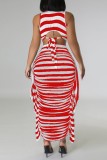 Red Casual Striped Print Patchwork O Neck Sleeveless Two Pieces