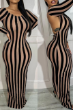 Coffee Sexy Striped Patchwork Backless Slit O Neck One Step Skirt Dresses