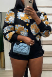 Grey Casual Print Patchwork Buckle Outerwear