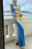 Blue Casual Print Basic O Neck Long Dress Dresses