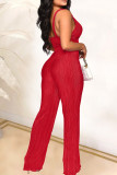 Red Sexy Casual Solid Backless V Neck Sleeveless Two Pieces