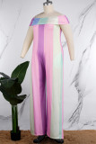 Purple Casual Striped Patchwork Backless Off the Shoulder Plus Size Jumpsuits