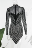 White Sexy Patchwork Hot Drilling See-through Asymmetrical Half A Turtleneck Long Sleeve Dresses