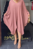 Nude Pink Casual Elegant Vacation Plain Hollowed Out With Belt Asymmetrical V Neck Irregular Dress Dresses