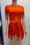 Tangerine Red Casual Sweet Solid Tassel Patchwork Draw String O Neck Short Sleeve Two Pieces
