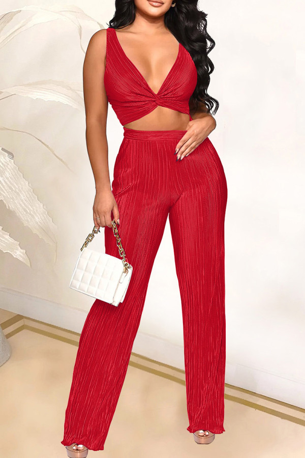 Red Sexy Casual Solid Backless V Neck Sleeveless Two Pieces