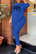 Blue Casual Letter Print Patchwork Fold O Neck Three Quarter Two Pieces