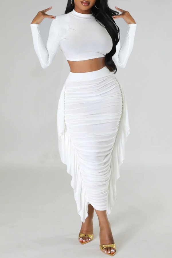 White Casual Solid Patchwork Fold O Neck Long Sleeve Two Pieces