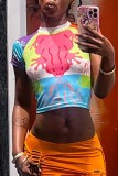 Colour Casual Print Patchwork O Neck T-Shirts