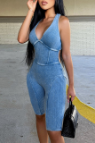 Blue Sexy Solid Hollowed Out Patchwork V Neck Skinny Rompers