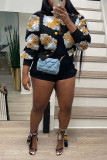Grey Casual Print Patchwork Buckle Outerwear