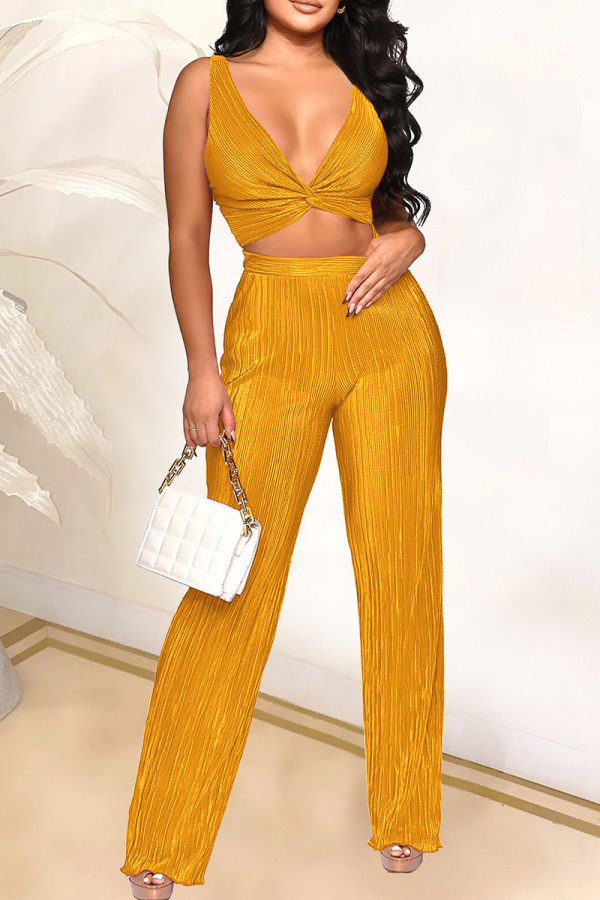 Yellow Sexy Casual Solid Backless V Neck Sleeveless Two Pieces