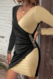 Black khaki Print Solid Lace Fold Contrast One Step Skirt Dresses