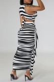 Black Casual Striped Print Patchwork O Neck Sleeveless Two Pieces