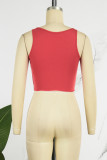 Red Casual Letter Print Asymmetrical U Neck Tops