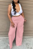 Pink Casual Solid Patchwork Regular High Waist Conventional Solid Color Trousers
