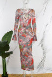 Colour Sexy Casual Print Hollowed Out Frenulum Square Collar Long Dress Dresses