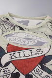 Khaki Casual Print Hollowed Out O Neck Long Sleeve Two Pieces