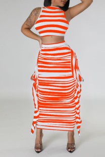 Orange Casual Striped Print Patchwork O Neck Sleeveless Two Pieces