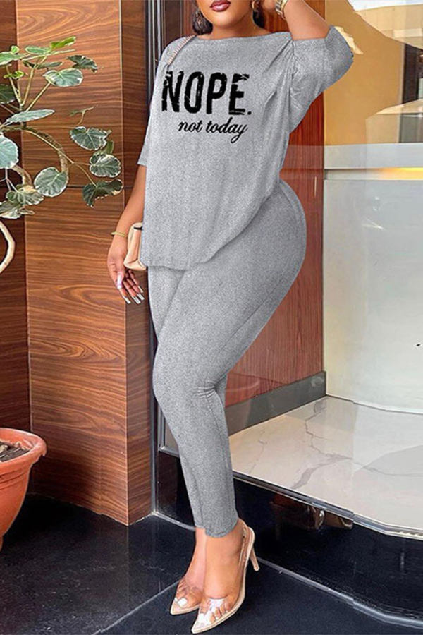 Grey Casual Letter Print Patchwork Fold O Neck Three Quarter Two Pieces