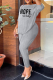 Grey Casual Letter Print Patchwork Fold O Neck Three Quarter Two Pieces