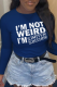Navy Blue Casual Daily Print Letter O Neck Tops