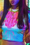 Colour Casual Print Patchwork O Neck T-Shirts