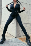 Black Sportswear Solid Patchwork Zipper Zipper Collar Skinny Jumpsuits