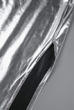 Silver Sexy Solid Backless Slit Spaghetti Strap Long Dress Dresses