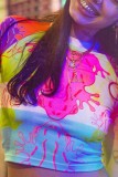 Colour Casual Print Patchwork O Neck T-Shirts