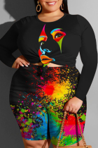 Black Casual Print Patchwork Knotted O Neck Plus Size Two Pieces